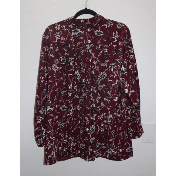 J Jill Women's Large Burgundy Floral Print Long Sleeve Button Up Shirt - Picture 3 of 8